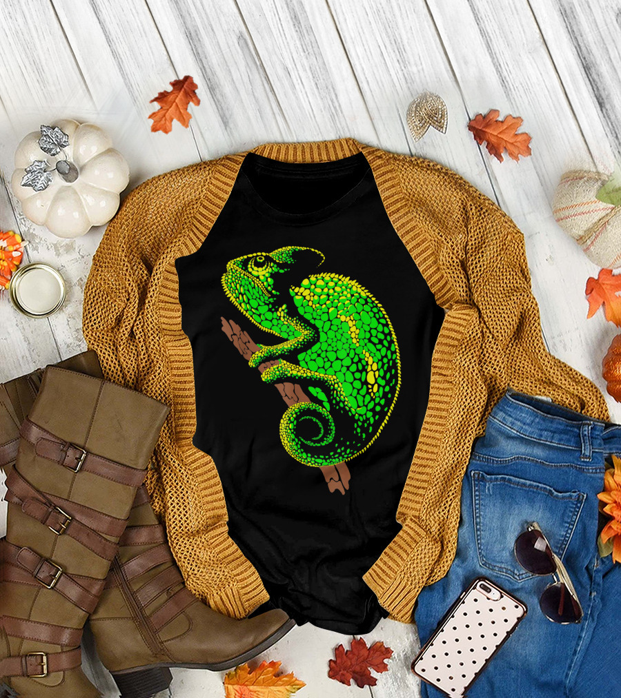 Funny Colorful Green Chameleon on a Branch T-Shirt