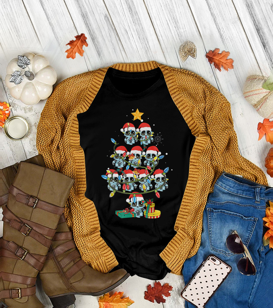 Funny Lemur Christmas Tree with Santa Hats and Holiday Lights T-Shirt