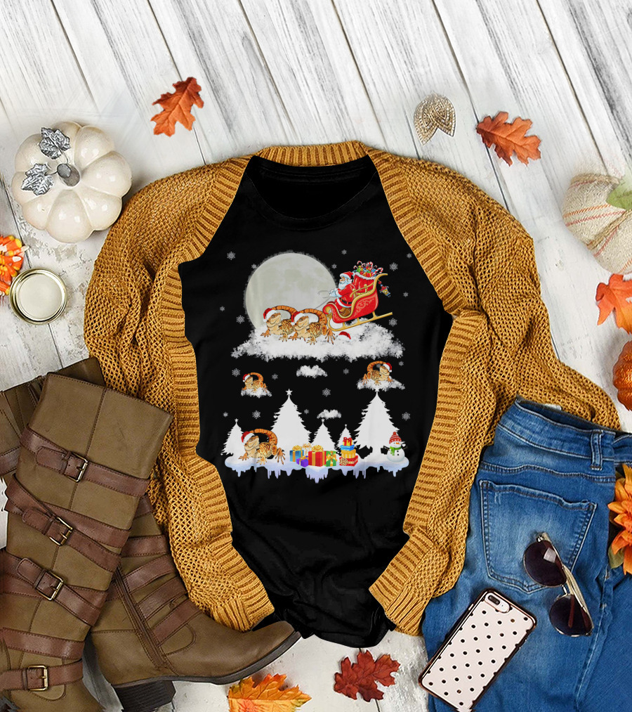 Funny Bearded Dragon Christmas Santa Sled Moon Snowflakes T-Shirt