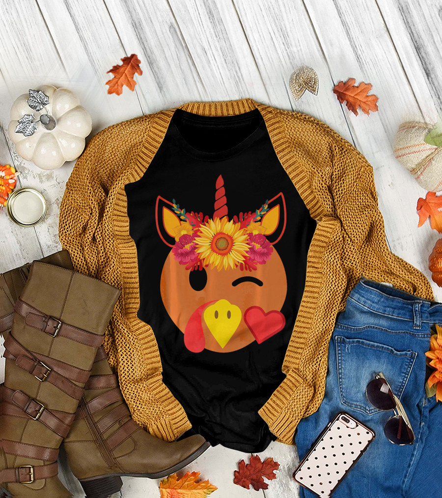 Winking Turkey Unicorn with Sunflower Crown and Heart T-Shirt
