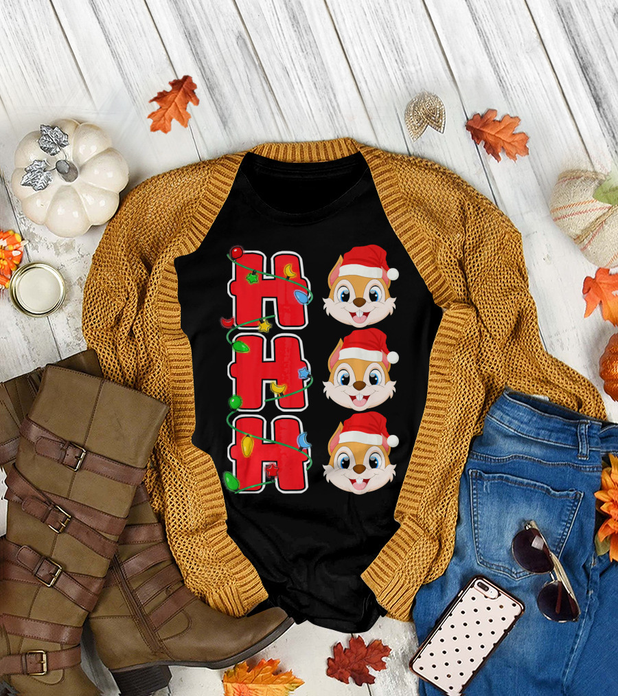 Ho Ho Ho Santa Squirrel Christmas Lights and Santa Hat Faces T-Shirt