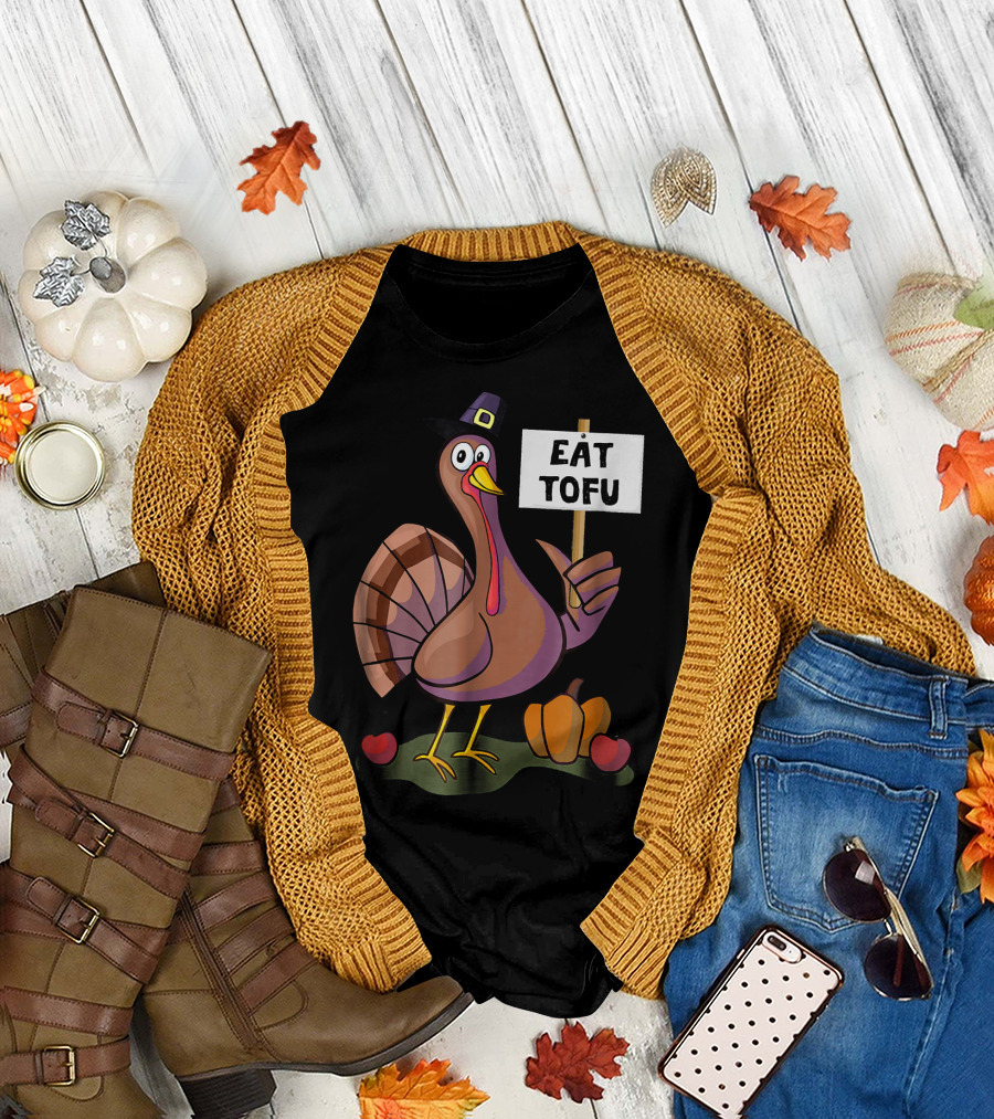 Eat Tofu Thanksgiving Vegetarian Turkey Pilgrim Hat Pumpkin T-Shirt