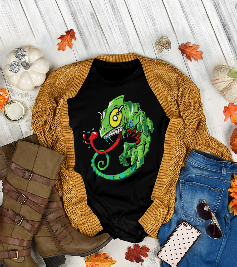 Funny Green Chameleon Monster Lizard with Red Tongue and Big Yellow Eyes T-Shirt