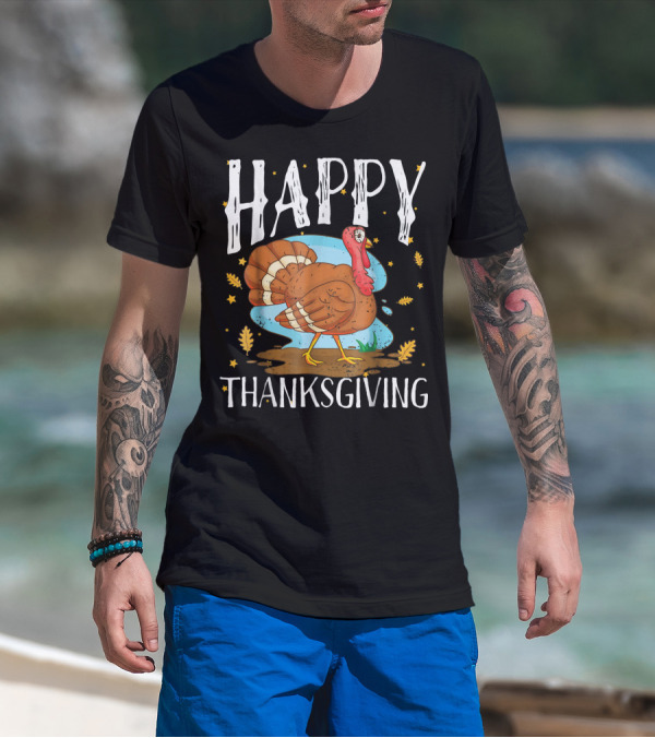 Happy Thanksgiving Funny Turkey With Autumn Leaves And Stars T-Shirt