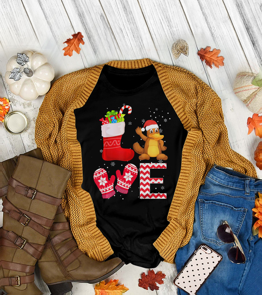 Funny Christmas Platypus Lover Santa Stocking and Mittens T-Shirt