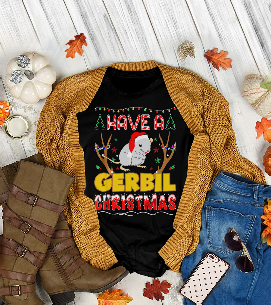 Have A Gerbil Christmas Pet Lovers Holiday Lights Reindeer Antlers Snowflakes Santa Hat T-Shirt