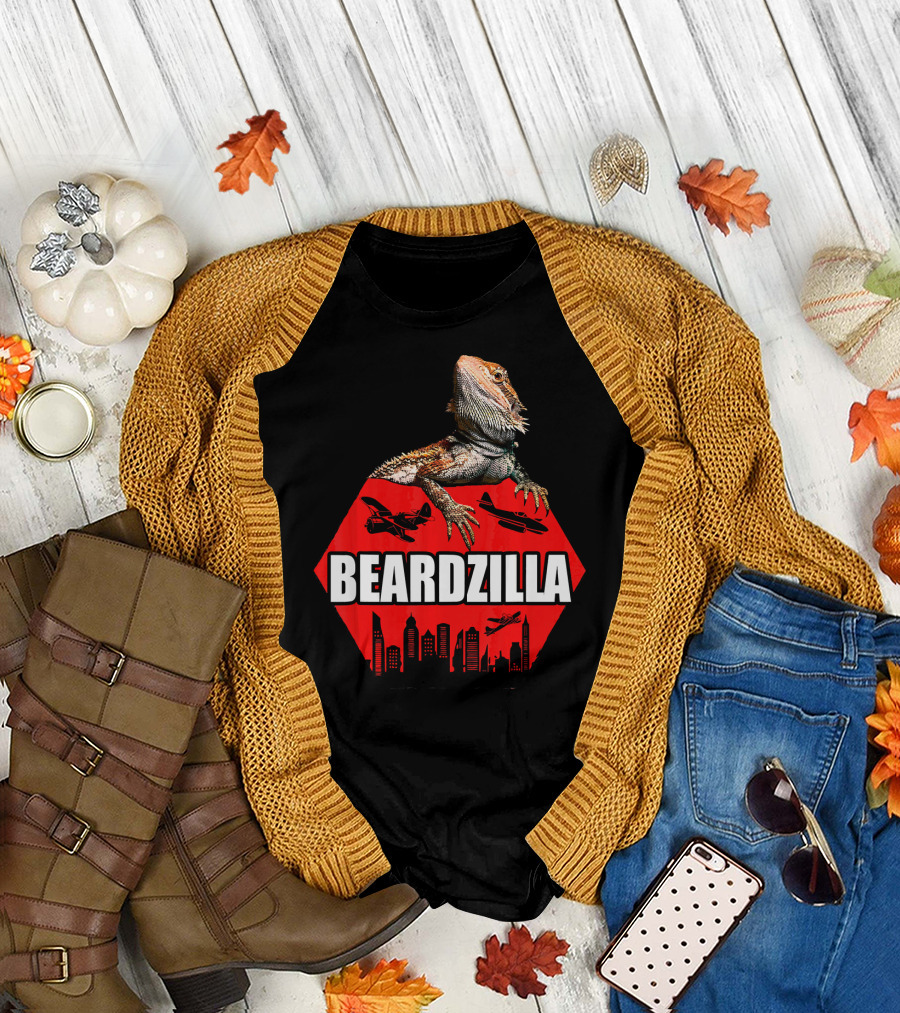 Beardzilla Funny Bearded Dragon Cityscape Airplanes Mock Iconic Monster T-Shirt