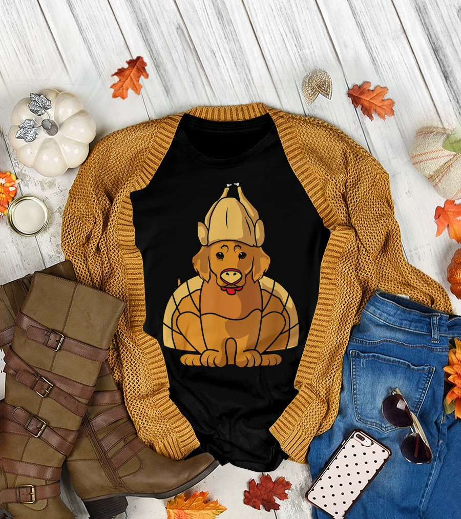 Golden Retriever with Thanksgiving Turkey Hat T-Shirt