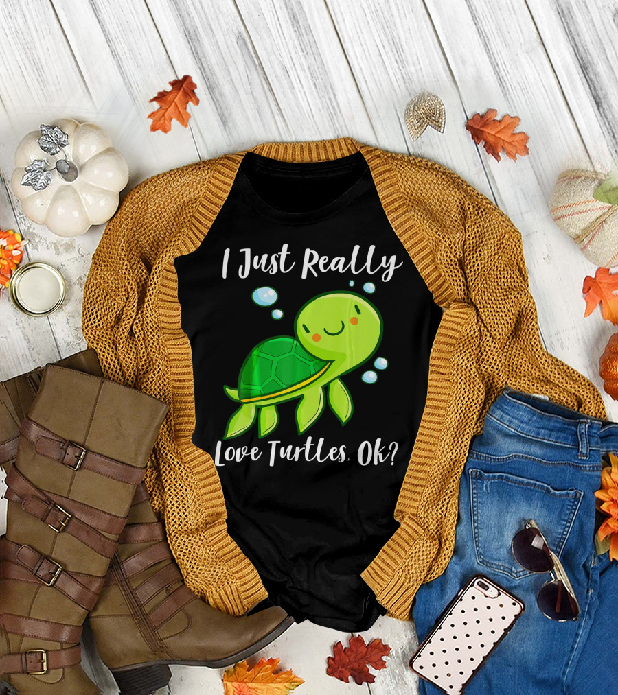 I Just Really Love Turtles Ok Cute Smiling Green Turtle with Bubbles T-Shirt