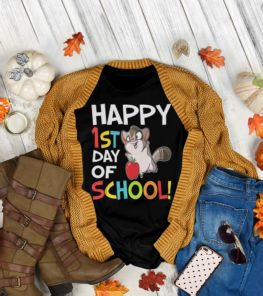 Happy 1st Day of School with Fun Cartoon Character and Apple T-Shirt