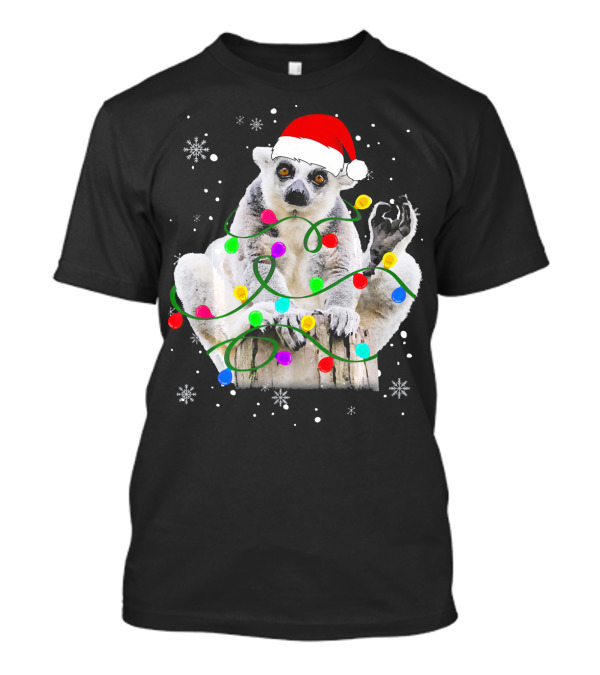 Lemur With Santa Hat And Colorful Christmas Lights Surrounded By Snowflakes T-Shirt