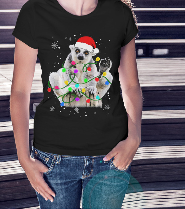 Lemur With Santa Hat And Colorful Christmas Lights Surrounded By Snowflakes T-Shirt