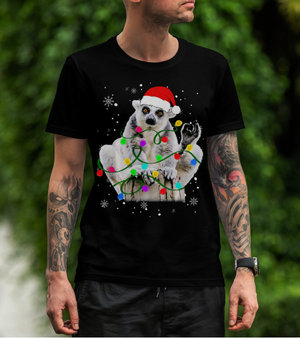 Lemur With Santa Hat And Colorful Christmas Lights Surrounded By Snowflakes T-Shirt
