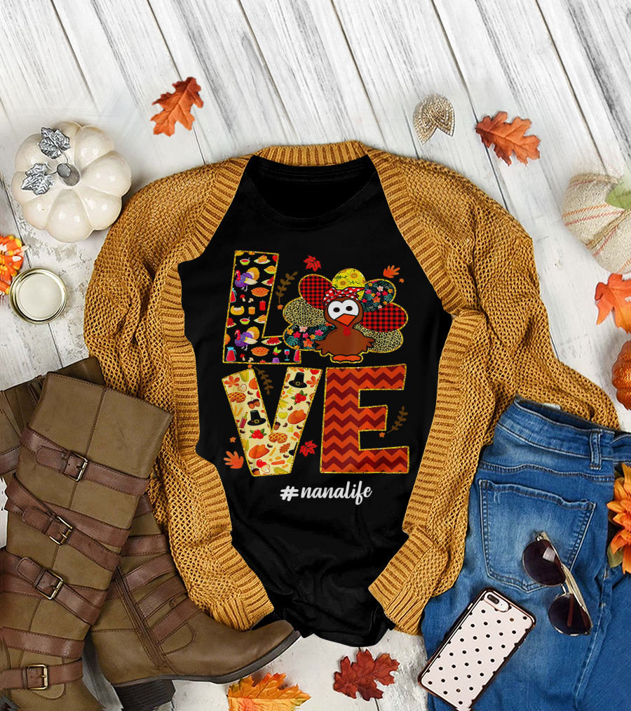 Love Turkey Nana Life Thanksgiving Leopard Autumn Pattern #nanalife T-Shirt