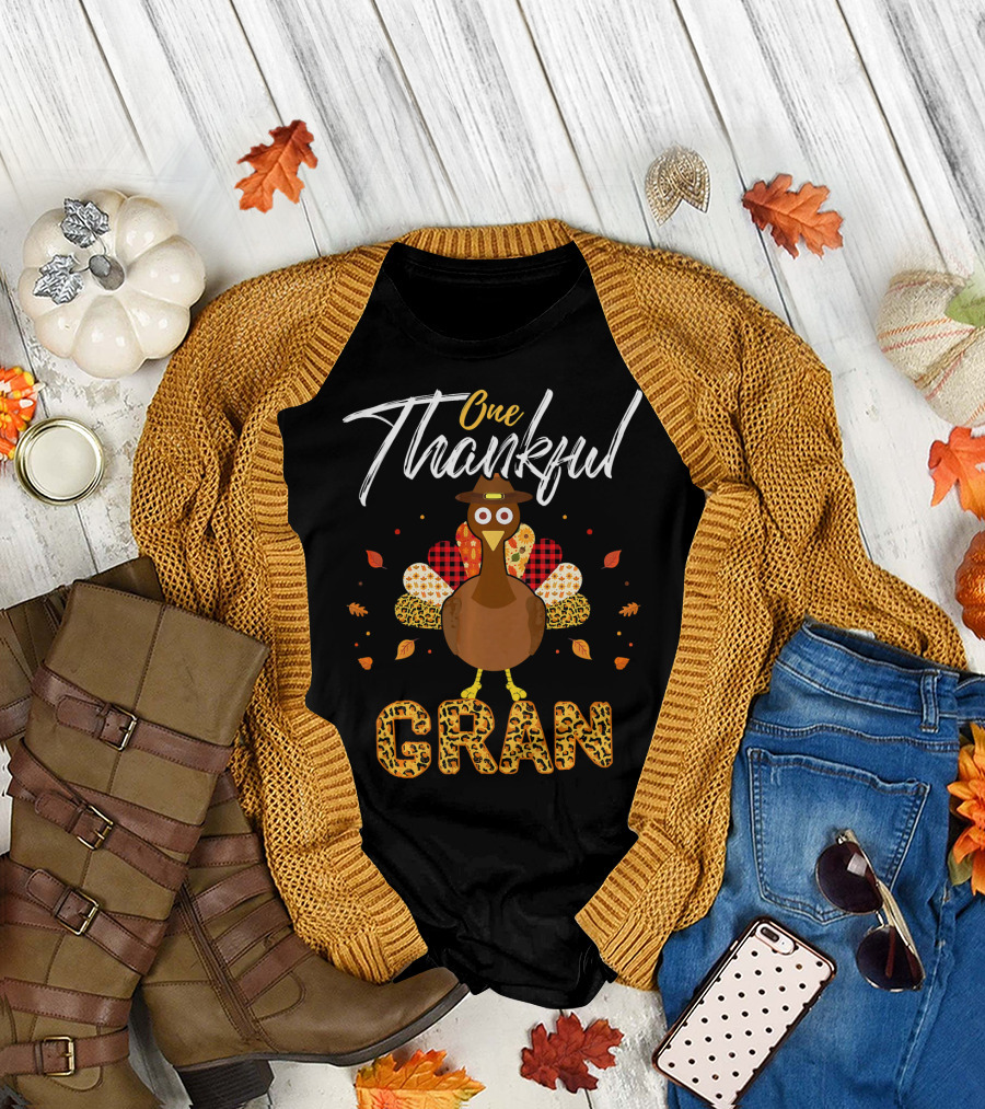 One Thankful Gran Turkey with Autumn Leaves and Patterned Feathers T-Shirt