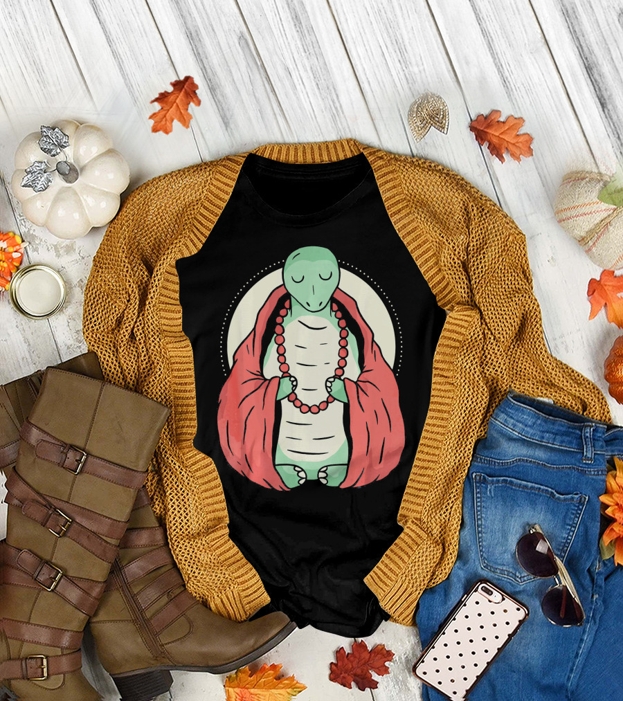 Meditating Turtle Tortoise with Red Robe and Beads in Peaceful Pose T-Shirt