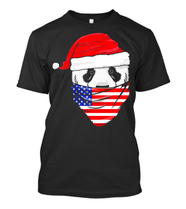 Panda Wearing Santa Hat And American Flag Bandana T-Shirt