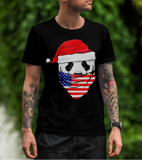 Panda Wearing Santa Hat And American Flag Bandana T-Shirt