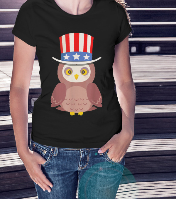Patriotic Owl With American Flag Uncle Sam Hat And Stars T-Shirt