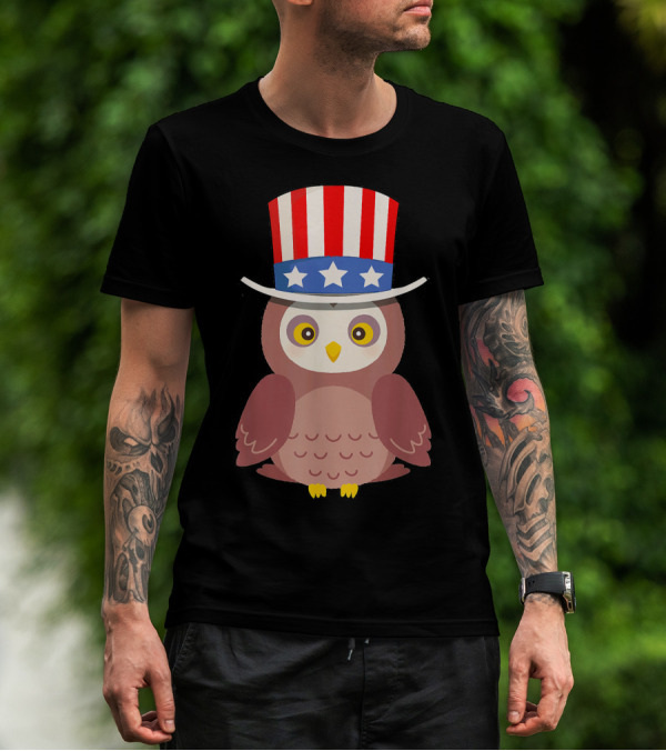 Patriotic Owl With American Flag Uncle Sam Hat And Stars T-Shirt