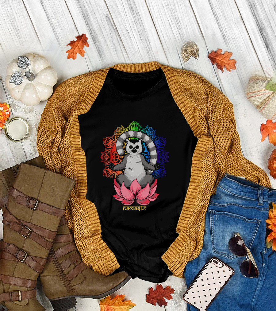 Mediating Lemur Namaste Lotus Rainbow Mandala T-Shirt