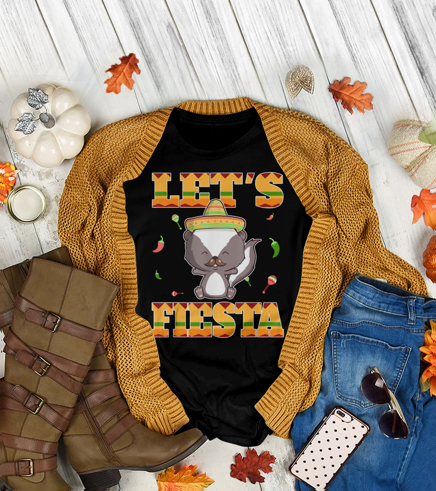 Let's Fiesta Skunk Cinco de Mayo Mexican Maracas Sombrero Peppers T-Shirt