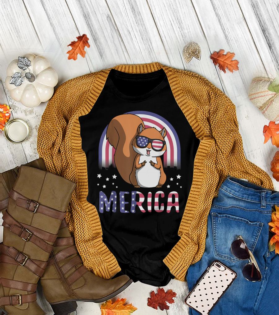 Merica Squirrel with American Flag Glasses and Stars T-Shirt