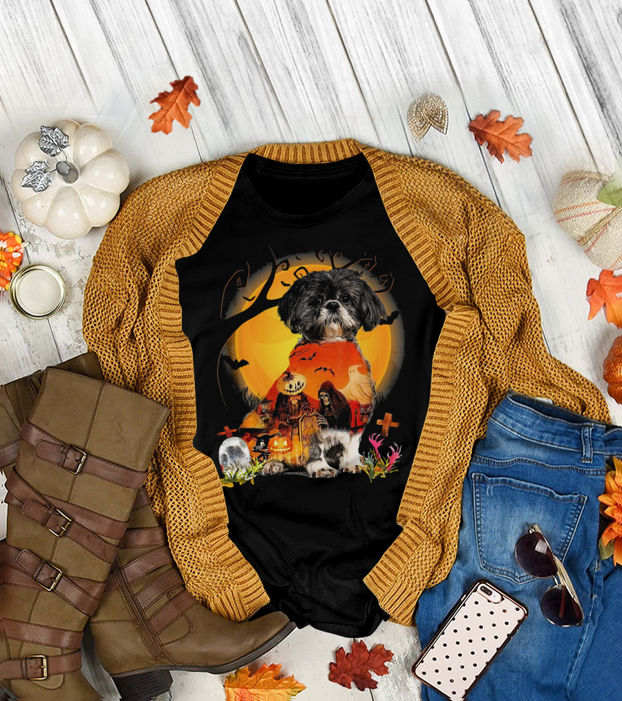 Shih Tzu Full Moon Halloween Scene with Ghosts Jack-o'-Lanterns and Graves T-Shirt