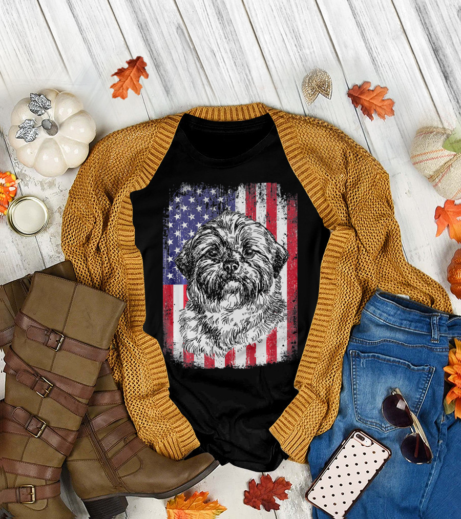Shih Tzu American Flag Patriotic USA Dog T-Shirt