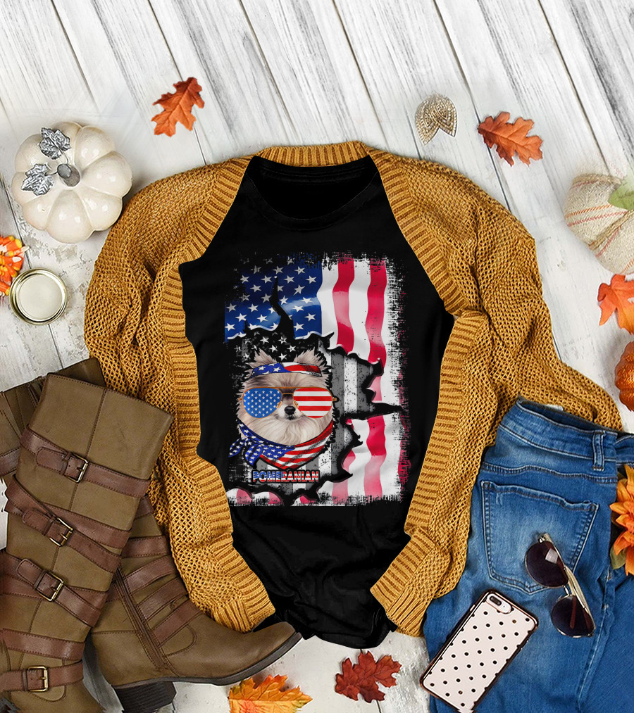 Pomeranian Dog in American Flag Bandana and Sunglasses with Stars and Stripes Background T-Shirt