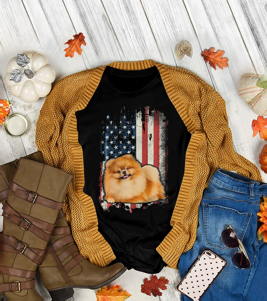 Pomeranian American Flag USA Patriotic Dog T-Shirt