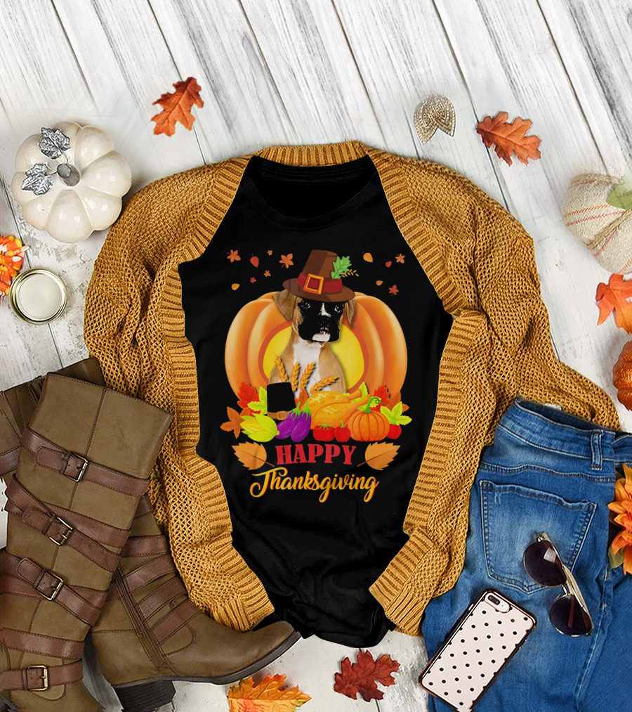 Boxer Dog with Pilgrim Hat and Pumpkins Happy Thanksgiving T-Shirt