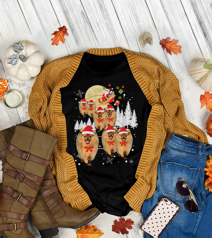 Pomeranian Christmas Reindeer Moon with Santa Sleigh and Presents T-Shirt