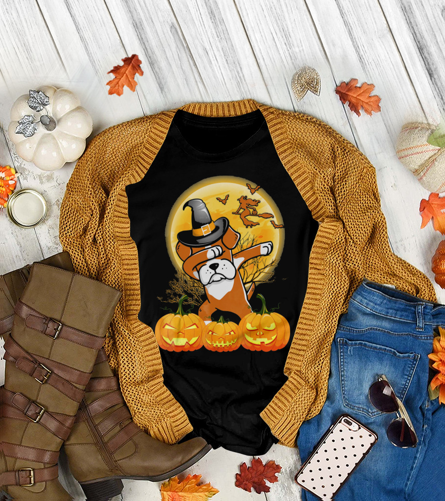 Dabbing Boxer Dog Halloween Pumpkins Witch Hat Full Moon Scene T-Shirt