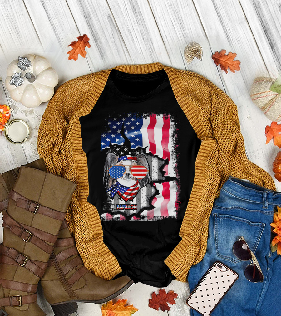 Papillon Dog Lover Fun American USA Flag Sunglasses and Scarf T-Shirt
