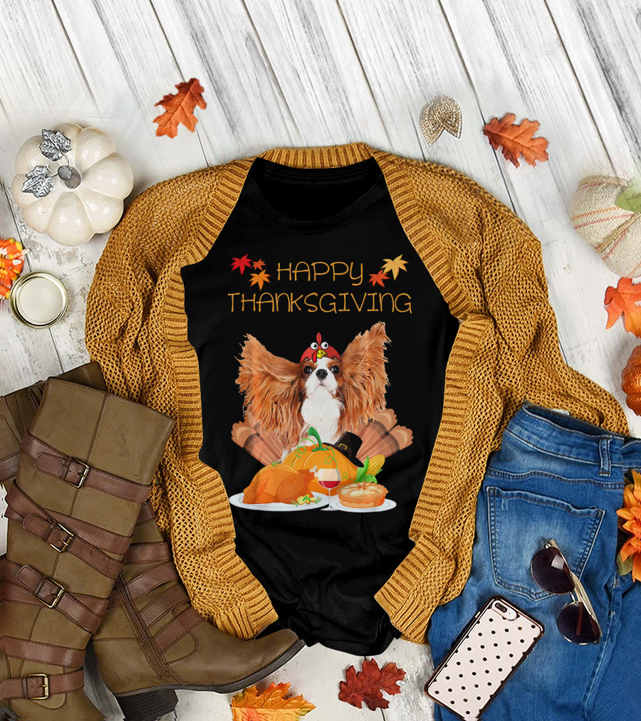 Happy Thanksgiving Day Cavalier King Charles Spaniel with Turkey Feast and Autumn Leaves T-Shirt