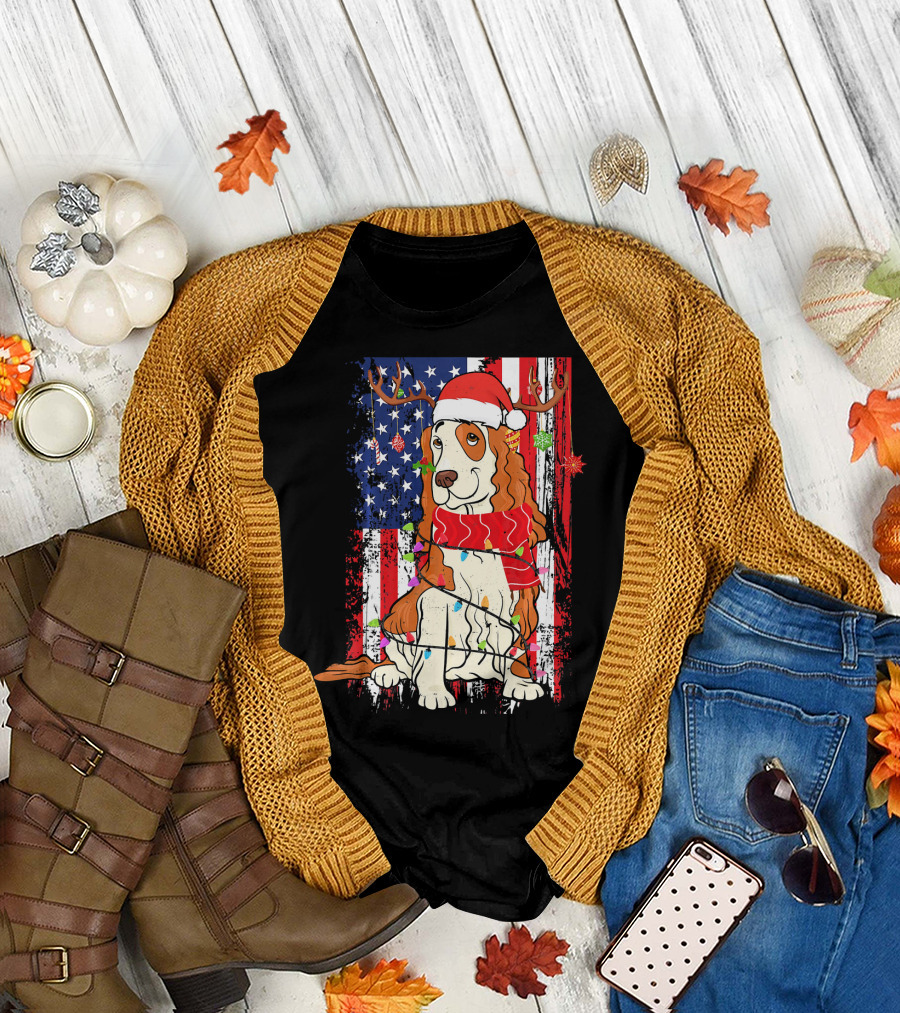 Cocker Spaniel Christmas Santa USA Flag Reindeer Lights T-Shirt