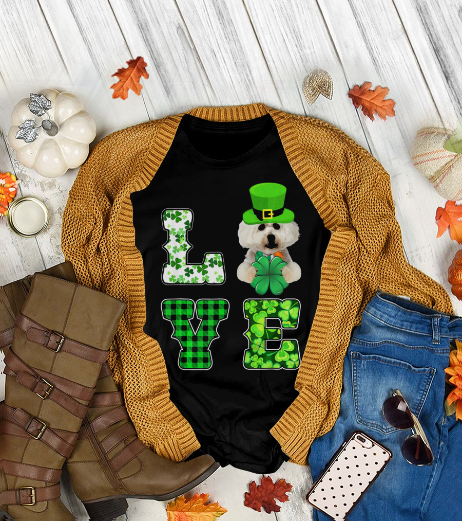 LOVE St Patricks Day Maltese Dog with Shamrocks T-Shirt