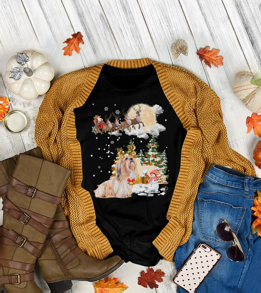 Shih Tzu and Santa's Sleigh in Winter Wonderland T-Shirt