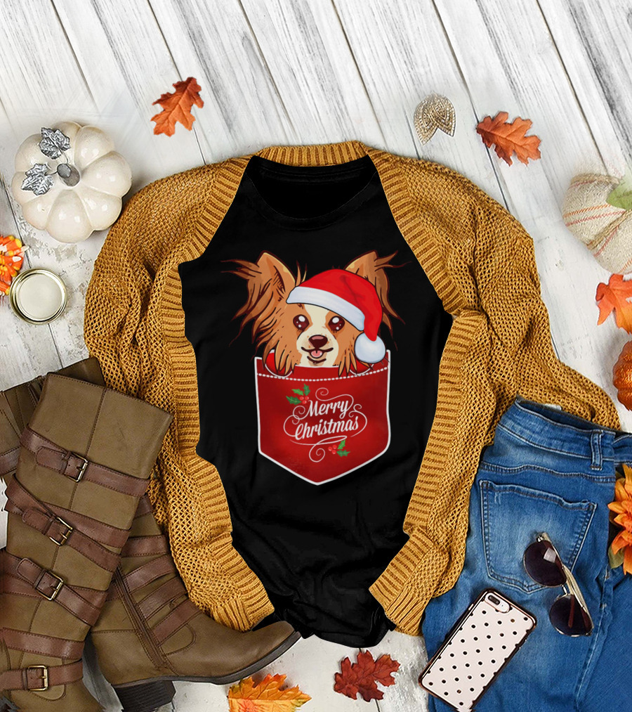 Merry Christmas Papillon with Santa Hat in Pocket Dog T-Shirt