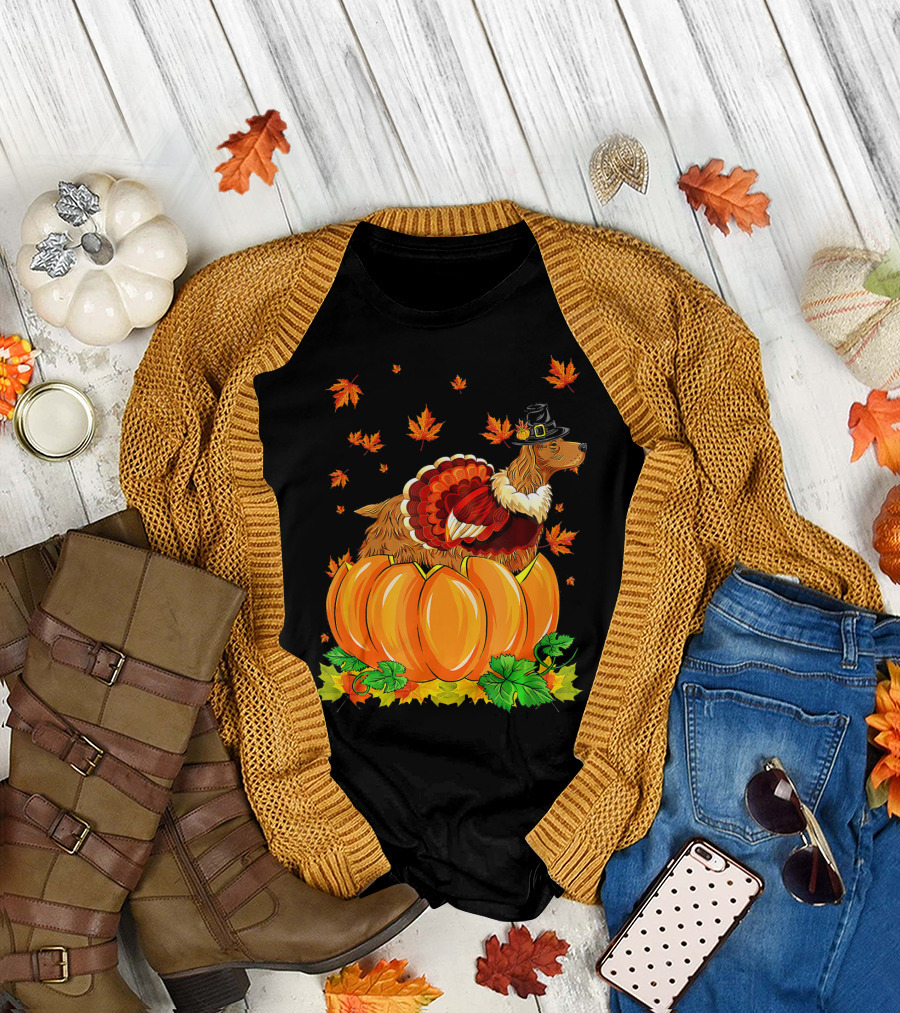 Thanksgiving Cocker Spaniel Dog with Turkey Feathers and Pilgrim Hat on Pumpkin with Autumn Leaves T-Shirt