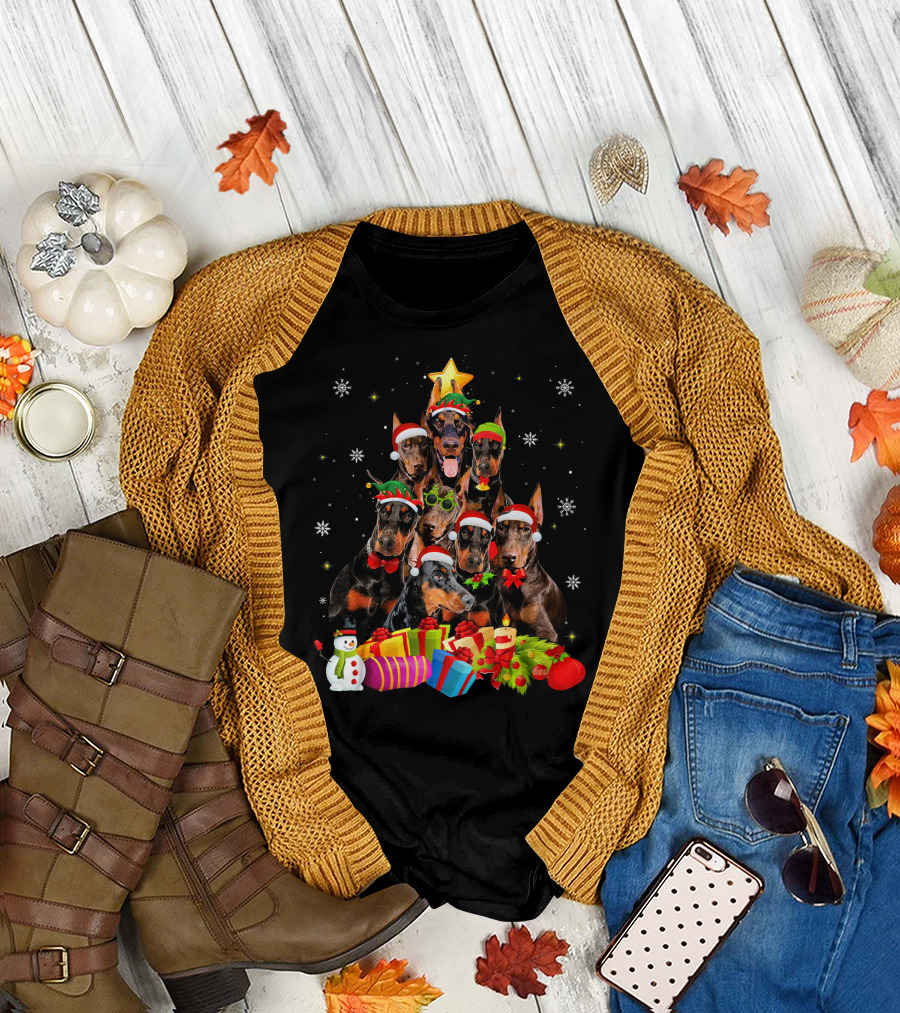 Funny Doberman Christmas Tree with Santa Hats and Snowflakes T-Shirt