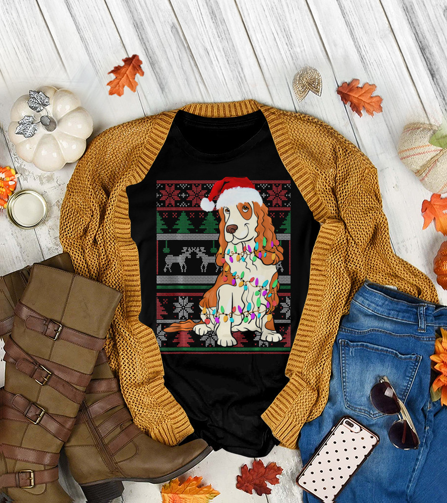 Cocker Spaniel Christmas Lights Santa Hat Holiday T-Shirt