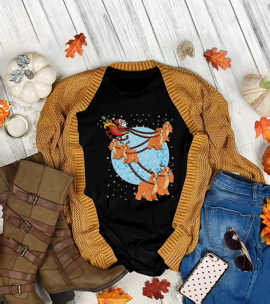 Santa Sleigh with Cocker Spaniel Reindeer by Moonlight T-Shirt