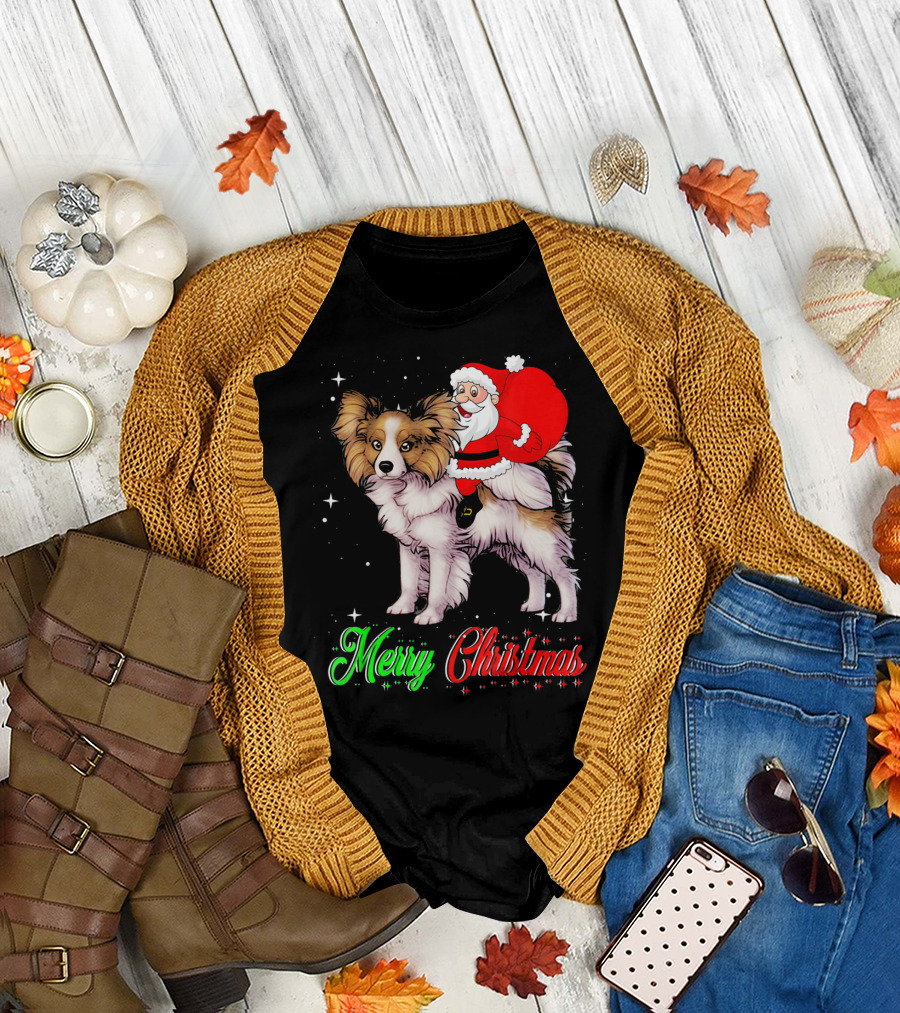 Merry Christmas Santa Riding Papillon T-Shirt