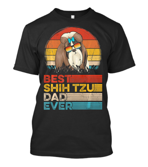 Best Shih Tzu Dad Ever Vintage Dog Sunglasses Retro Sunset Bowtie T-Shirt