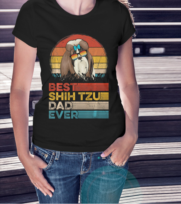 Best Shih Tzu Dad Ever Vintage Dog Sunglasses Retro Sunset Bowtie T-Shirt