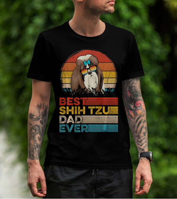 Best Shih Tzu Dad Ever Vintage Dog Sunglasses Retro Sunset Bowtie T-Shirt