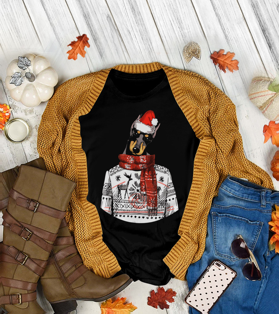 Ugly Christmas Sweater Doberman Dog with Santa Hat T-Shirt