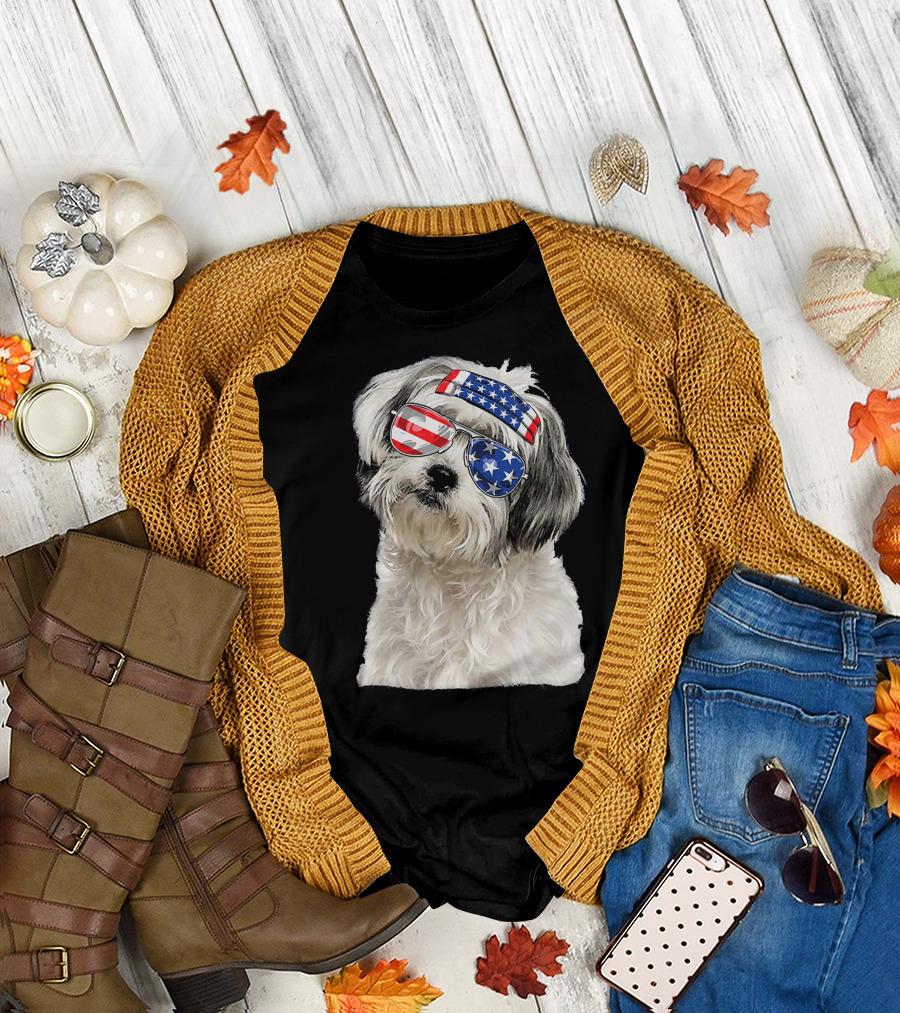 Patriotic American Flag Shih Tzu Sunglasses Bandana T-Shirt